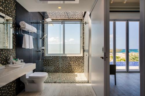 パーム・イーグル・ビーチにあるOcean Z Boutique Hotelのバスルーム(シャワー、トイレ付)、窓が備わります。