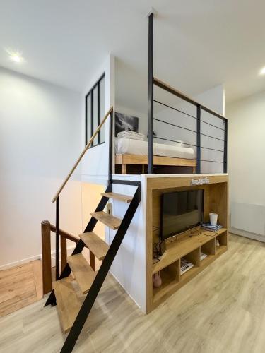Cette chambre dispose d'un lit en mezzanine et d'une télévision. dans l'établissement Athéna, à Caen