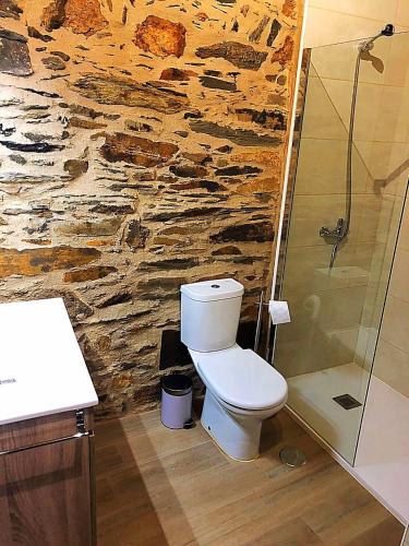 a bathroom with a toilet and a stone wall at Casa do Henrique in Bragança