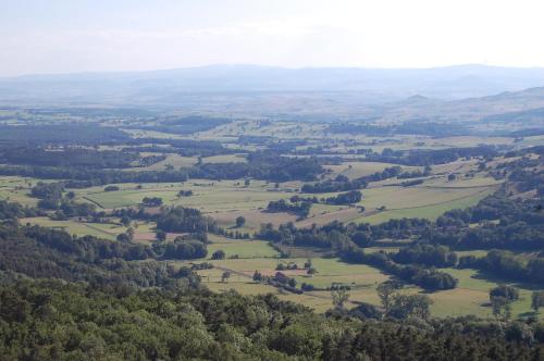 an aerial view of a valley with trees and fields at Gite De Charme Auvergne Cab'âne in Brousse