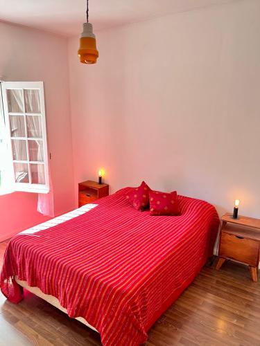a bedroom with a red bed with red pillows at Casa Bóscaro in Comodoro Rivadavia