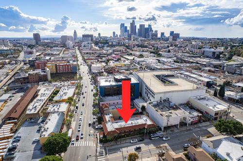 an aerial view of a city with a red arrow at Royal Pagoda Motel Dodger Stadium in Los Angeles