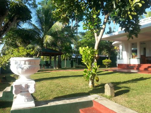 a white vase sitting in the yard of a house at Ahangama Eco Villa in Ahangama
