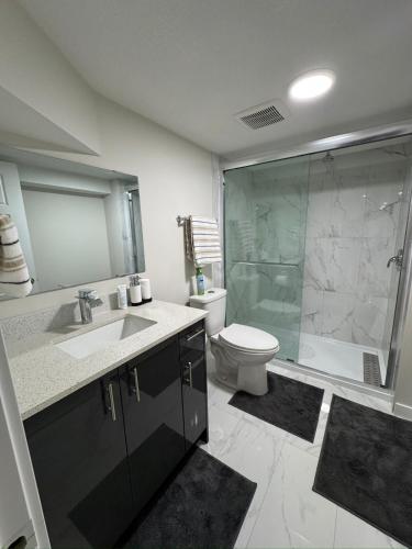 a bathroom with a toilet and a sink and a shower at DJoshuas place in Edmonton