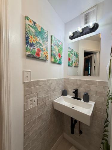 a bathroom with a sink and a mirror at Oesta Palma's Guest House with BBQ & Beach Gear Near Downtown WBP in West Palm Beach
