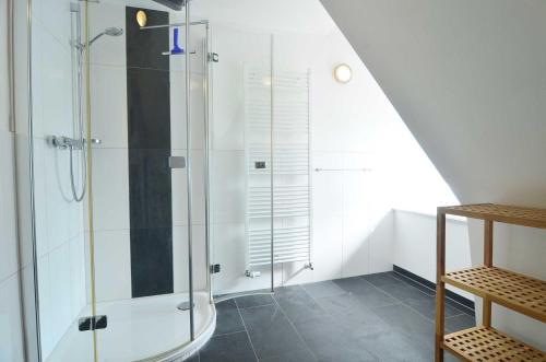 une salle de bain avec une douche avec une porte vitrée dans l'établissement Wohnung-1, à Nebel