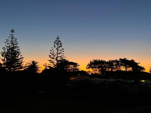 a sunset with silhouettes of trees in the foreground at Seashell cottage in Waitarere