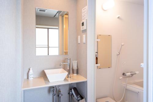 a bathroom with a sink and a mirror at Hotel Neiraku in Nara