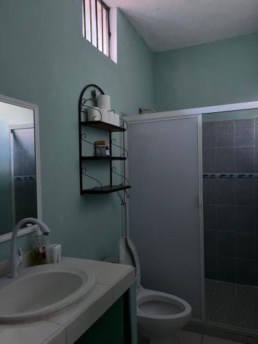 a bathroom with a sink and a toilet and a shower at Casa Arboledas in Manzanillo