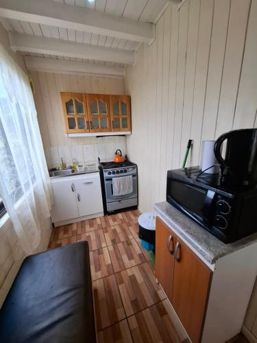a small kitchen with a stove and a counter top at Cabañas Eben Ezer in Queule