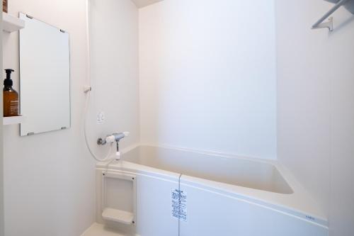 a white bathroom with a sink and a mirror at Hotel Neiraku in Nara