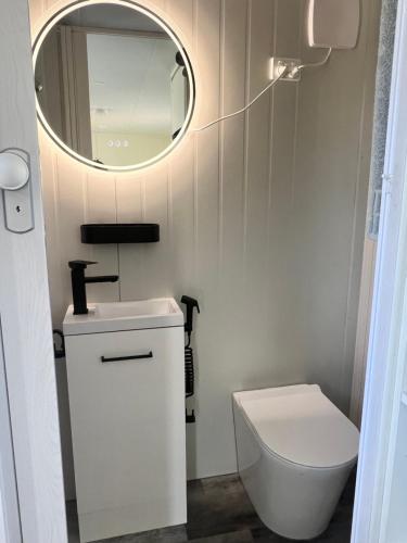 a bathroom with a white toilet and a mirror at Stanthorpe Country Retreat 'Ash Haven' in Greenlands