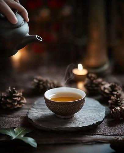 a cup of tea and a candle on a table at Taohuawu Mountain Luxury Villa Hotel in Lijiang