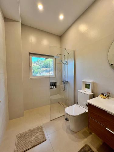 a bathroom with a shower and a toilet and a sink at Haroupia Hillside Villa in Kalymnos