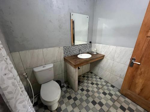 a bathroom with a toilet and a sink and a mirror at Saka Homestay Boutique & Cafe in Borobudur
