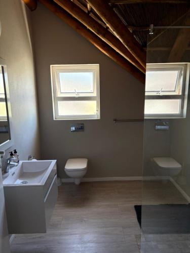 a bathroom with a sink and a toilet and a window at Jongensfontein Beachside Villa in Jongensfontein