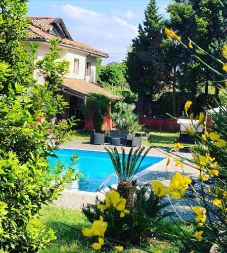 a garden with a swimming pool in front of a house at Villa Alessio - Etna Historic Winery Villa - Ancient Palmento with pool in Puntalazzo