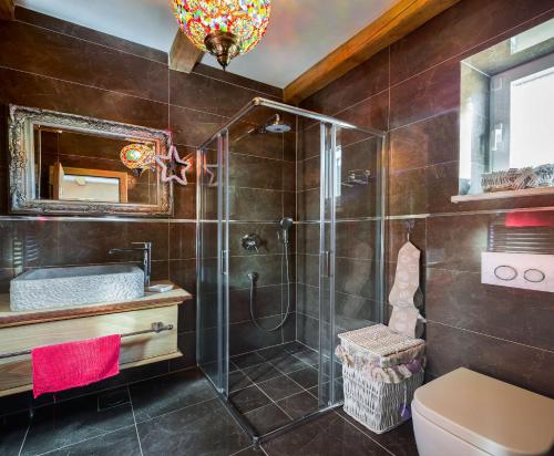 a bathroom with a shower and a toilet and a sink at Villa Stonegate Estate - Bonus, dvije vile jedna cijena! in Opatija