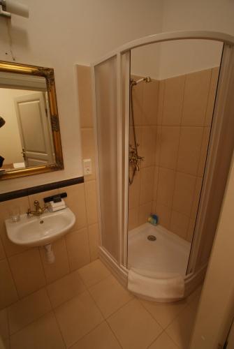 a bathroom with a shower and a sink at Bistrampolis Manor in Kučiai