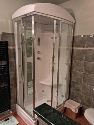 a bathroom with a shower with a glass door at Casa Dipinta in Cairo Montenotte