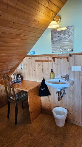 a bathroom with a sink and a wooden wall at Árnanes Country Hotel in Höfn