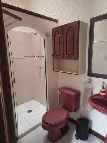 a bathroom with a red toilet and a sink at Casa en zona residencial in Oaxaca City