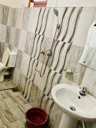 a bathroom with a sink and a toilet and a shower at Ameena Homestay in Tangalle