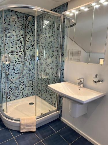 a bathroom with a shower and a sink and a shower at WohlfühlQuartier Schwedenstein in Bad Oeynhausen