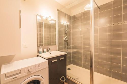 une salle de bain avec un lavabo et une machine à laver dans l'établissement 3 Chambres quartier cathedrale, à Reims