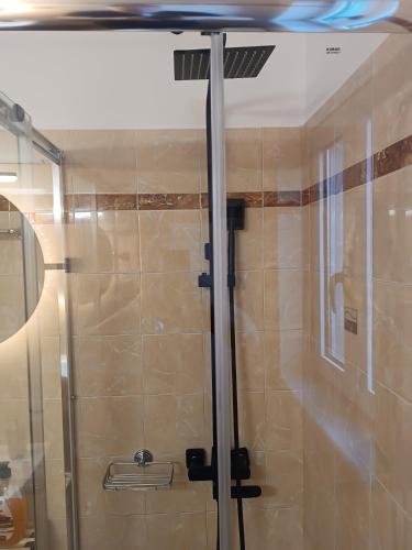 a shower with a glass door in a bathroom at Malvazios Villas #3 in Gythio