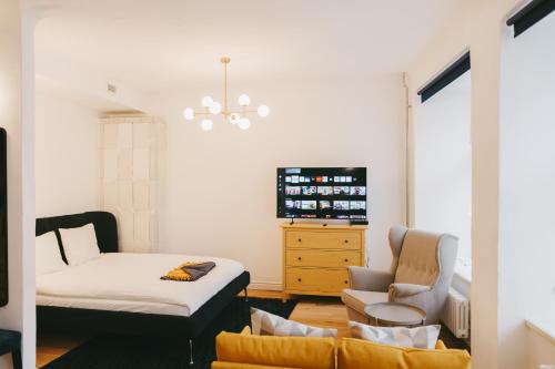 a living room with a couch and a tv at Kullassepa Boutique Apartments - Square View in Tallinn