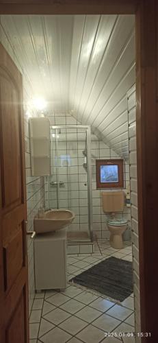 łazienka z umywalką i toaletą w obiekcie Marika apartman w mieście Balatongyörök