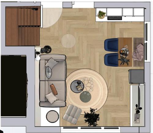 a floor plan of a living room with a table at EcoCube 2 Haren - Sonnenbalkon, Badewanne, Waschmaschine in Bahnhof Haren