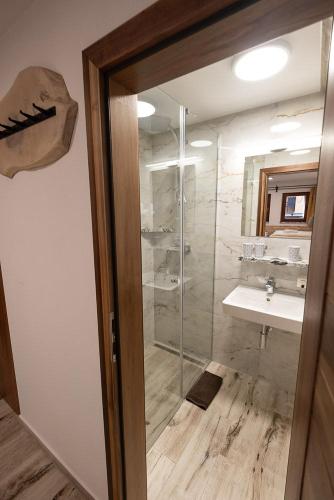 a bathroom with a shower and a sink at Chata Kamzík in Habovka