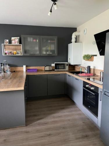 une cuisine avec un comptoir avec un micro-ondes dans l'établissement Résidence la gentilhommière, à Augny