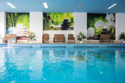 a swimming pool in a hotel with chairs and a painting at Conacul Domnesc in Suceava