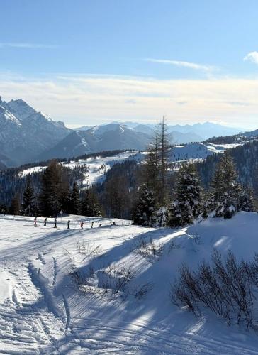 a group of people skiing down a snow covered slope at Ale 1206, Marilleva 1400 accesso diretto alle piste in Marilleva