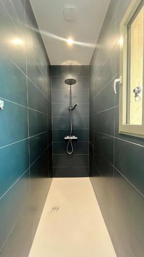 La salle de bains est pourvue d'une douche aux murs verts. dans l'établissement Appartement avec jardin proche de la mer, à Agay