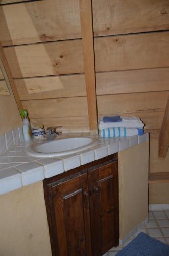 La salle de bains est pourvue d'un lavabo et d'un comptoir. dans l'établissement Gîte 