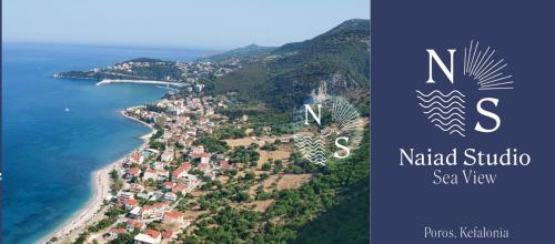 an aerial photo of a beach and the ocean at Naiad Sea View Studio in Póros Kefalonias