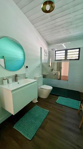 a bathroom with a sink and a toilet and a mirror at Eden Paradise, Anse à la Barque in Saint-François