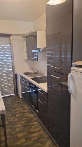 La cuisine est équipée d'un réfrigérateur noir et d'un évier. dans l'établissement 2 Bedroom Martinez Side, à Cannes