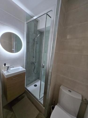 une salle de bain avec une douche, des toilettes et un lavabo dans l'établissement Le Studio Pastel, à Bussy-Saint-Georges