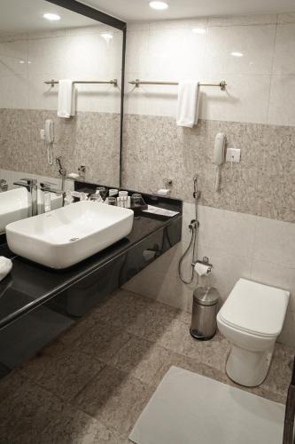 a bathroom with a sink and a toilet and a mirror at Ambassador Ajanta Hotel, Aurangabad in Aurangabad