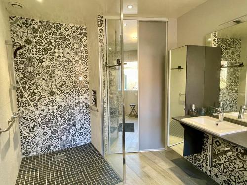 une salle de bain avec douche et lavabo dans l'établissement Charmante maison avec jardin et jacuzzi, à Voulaines