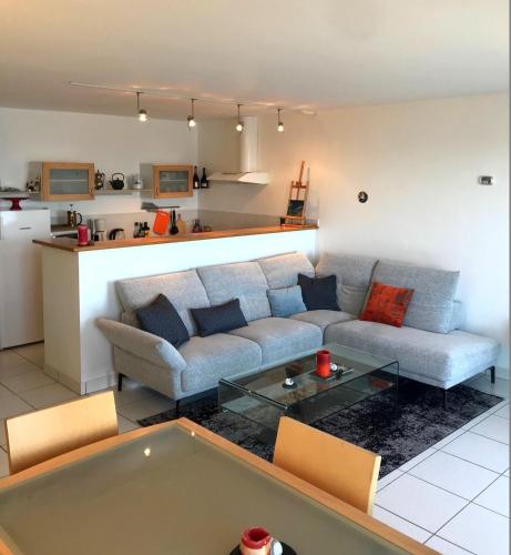 un salon avec un canapé et une table dans l'établissement Paradis no Grenze Magnique vue mer, à Douarnenez