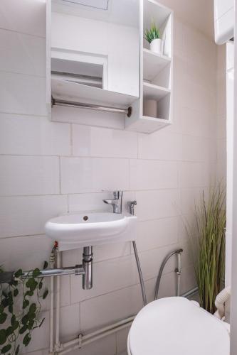 une salle de bain avec un lavabo et des toilettes dans l'établissement Charmant studio au cœur du 16ᵉ, à Paris