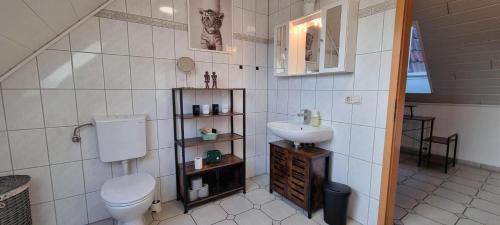a bathroom with a toilet and a sink at Fine Living - Zentral nahe A2 mit Parkplatz Küche Arbeitsplatz in Peine