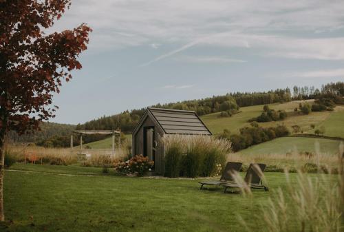 a couple of chairs sitting in a field with a shed at Bieszczadzka Stodoła in Ustrzyki Dolne