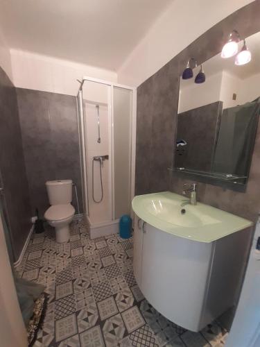 une salle de bain avec un lavabo, une douche et des toilettes dans l'établissement superbe appt face à la mer, wifi, à Canet